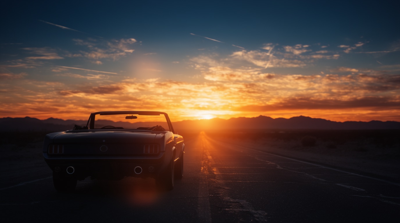 A classic convertible on an open desert highway at sunset