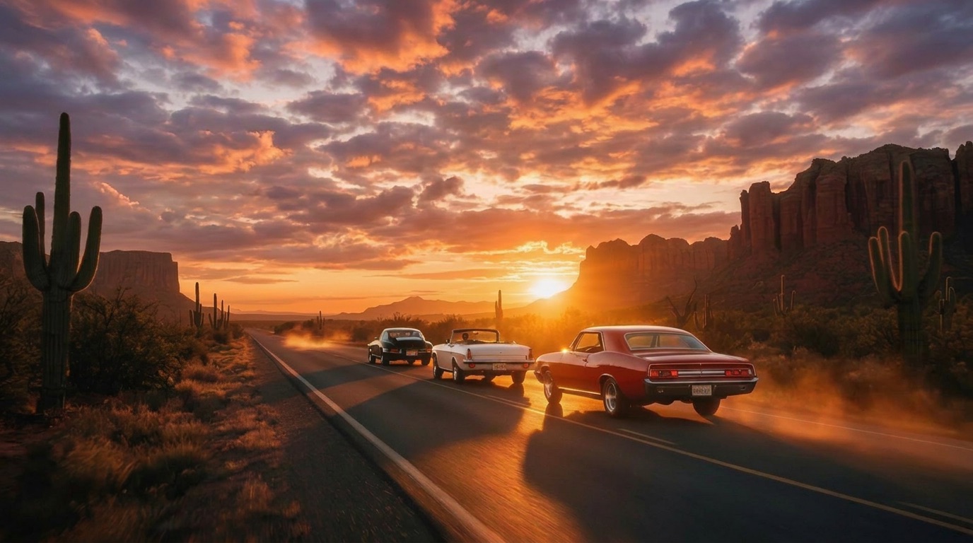 Classic collector cars cruising an Arizona desert highway at sunset