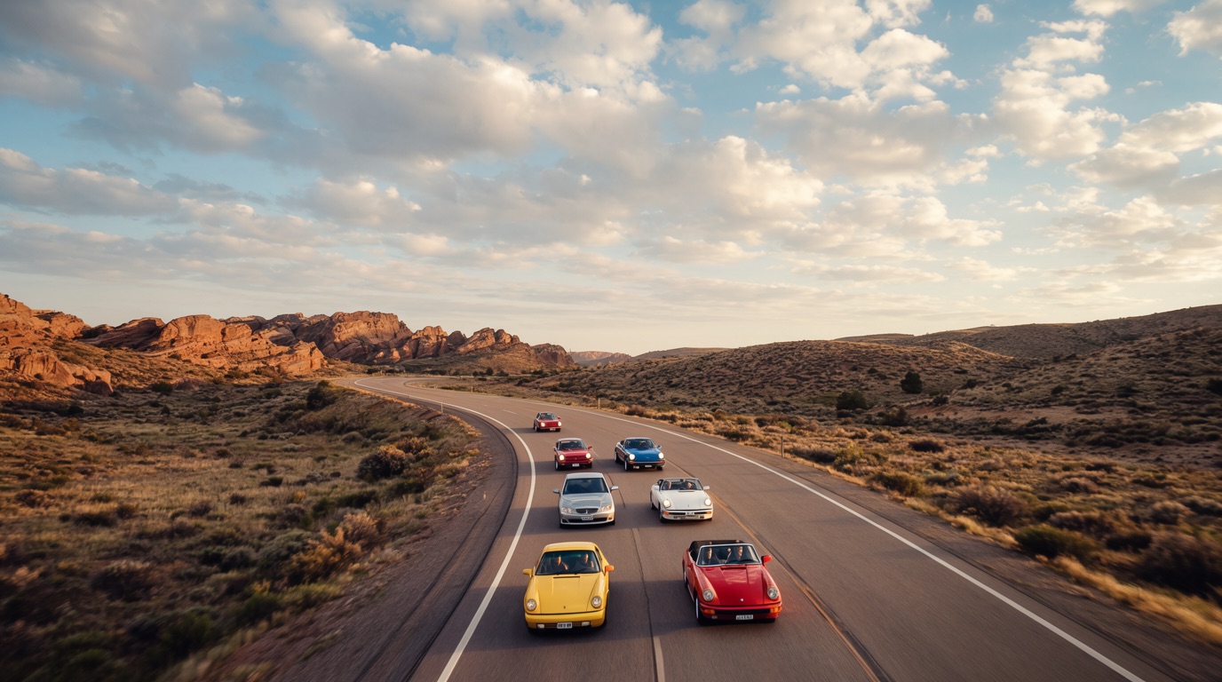 A convoy of classic cars on a scenic red-rock canyon highway
